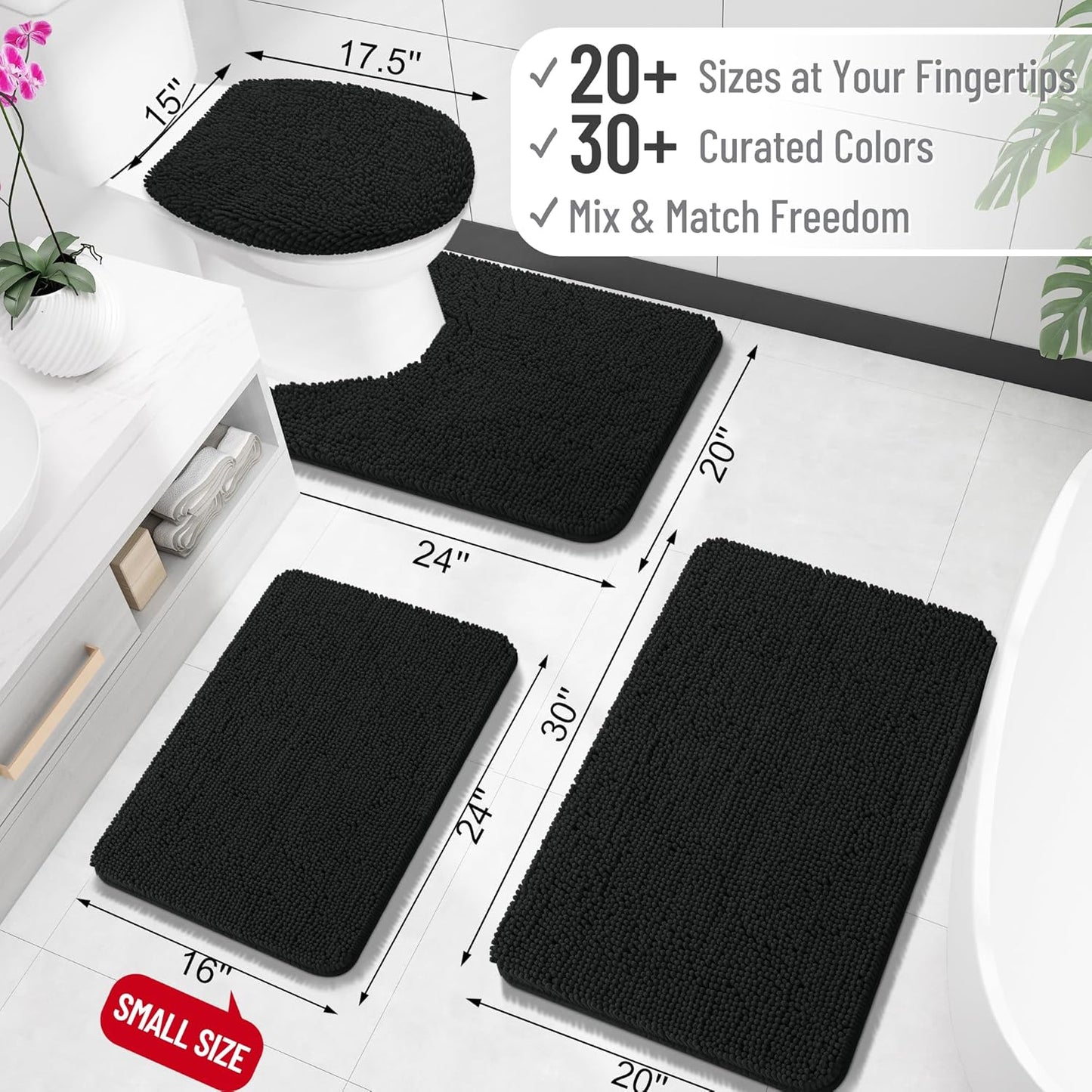 OLANLY Bathroom Rugs - Extra Soft Chenille Bath Mats | Quick-Dry, Machine Washable, 34x21, Black