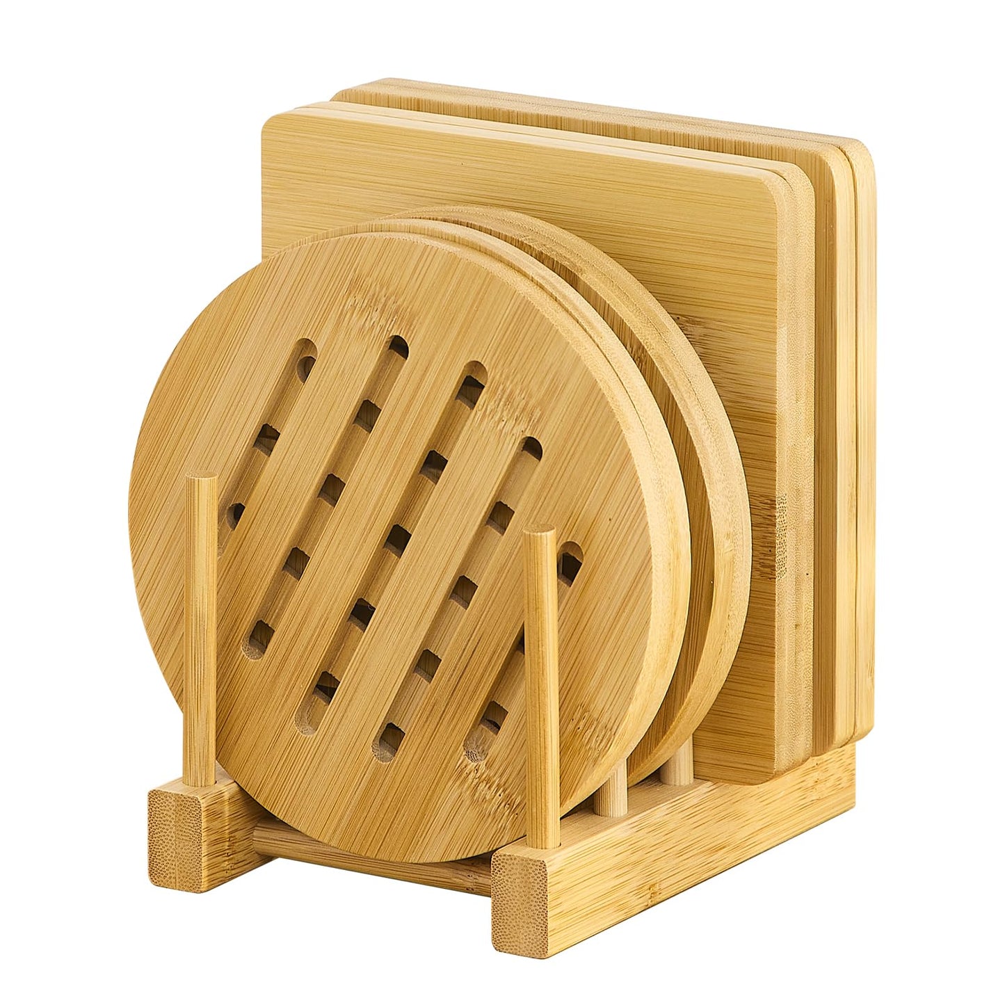 GHWIE Bamboo Trivet with Stand - Heat Resistant Pot Holders for Kitchen, Multi-Purpose Pads, Plate Mats, Large Stove Mat - Air Fryer Accessories and Trivets for Hot Dishes, 4 PCS