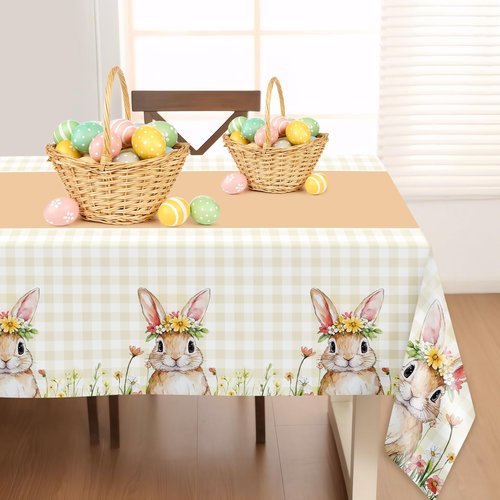 Childom 2 Pack Easter Tablecloth,Easter Decorations 54" x 108" Disposable Plastic Tablecloth,Bunny Table Cloth Checkered Decorations,Plastic Table Cover for Party Supplies,Indoor,Outside,Home,Dinner