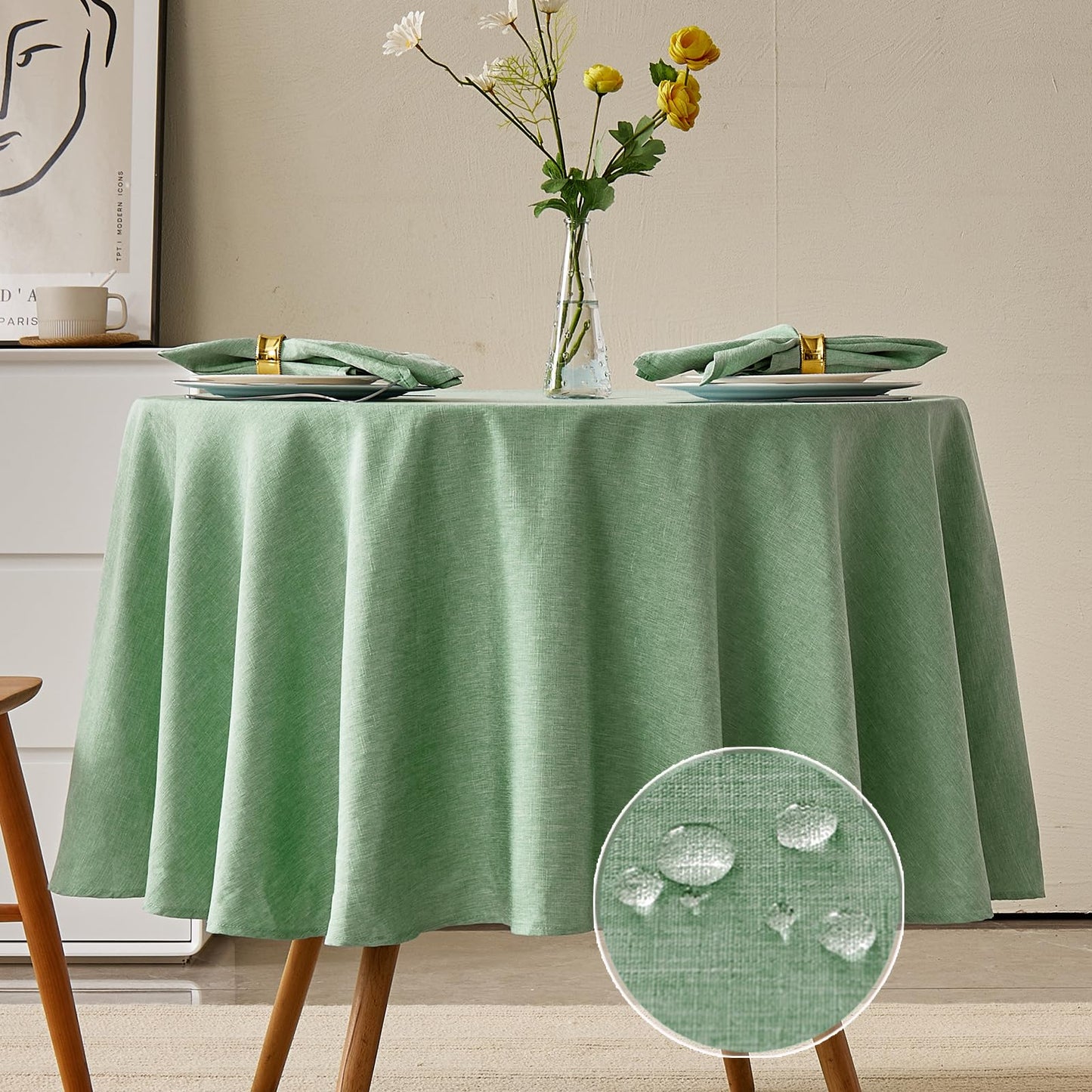 UKOMIUT Rectangle Table Cloth, Waterproof and Stain Resistant Linen Style Farmhouse Tablecloth, Washable Faux Decoration Fabric Table Cover for Kitchen Dinning or Outdoor use, Sage Green 52 x 70 Inch