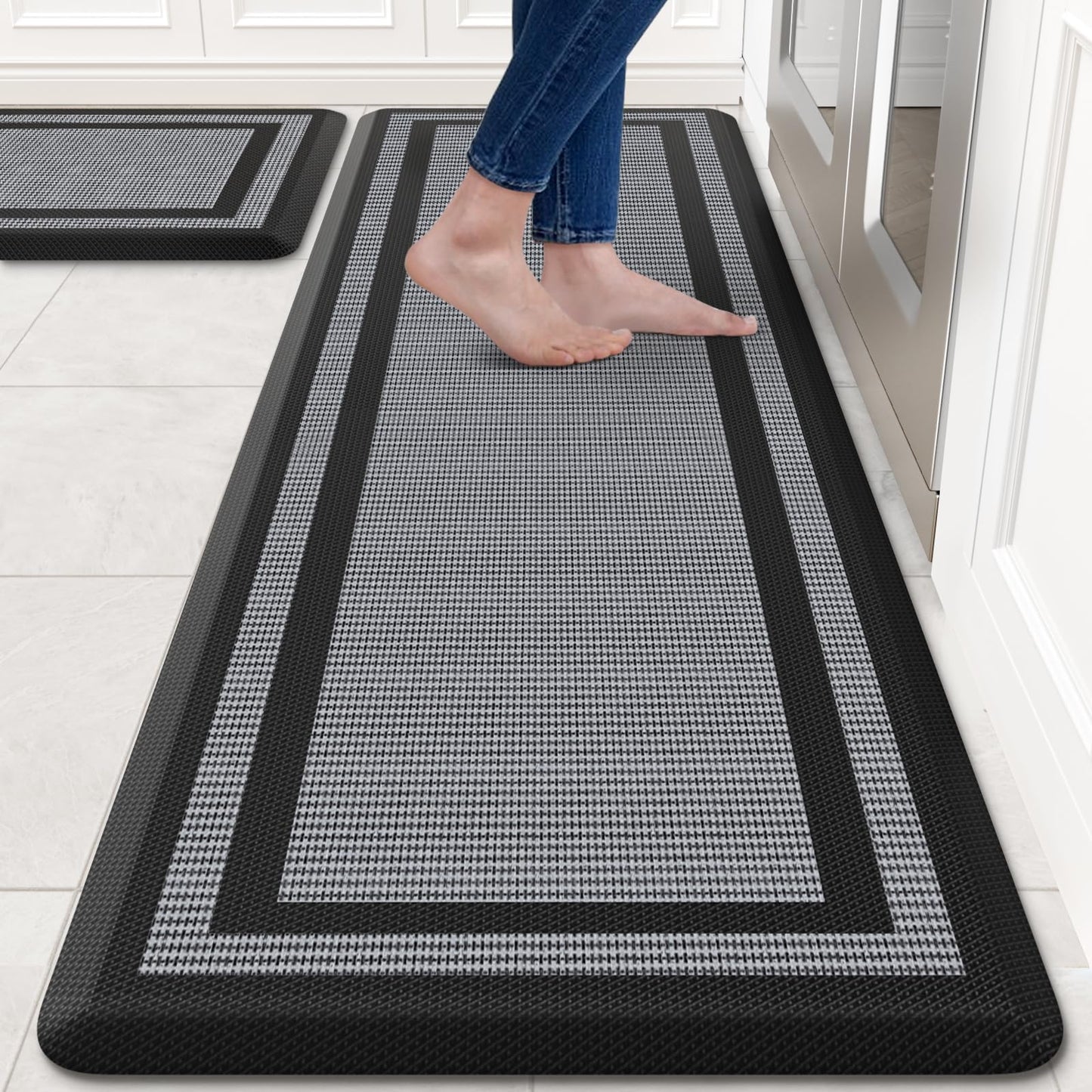 KitchenClouds [2 PCS] Kitchen Rugs Cushioned Anti-Fatigue Kitchen Mats for Floor Waterproof Kitchen Rug Set Non-Slip Comfort Standing Mat for Office, Sink, Laundry 17.3"×28"+17.3"×60",Black