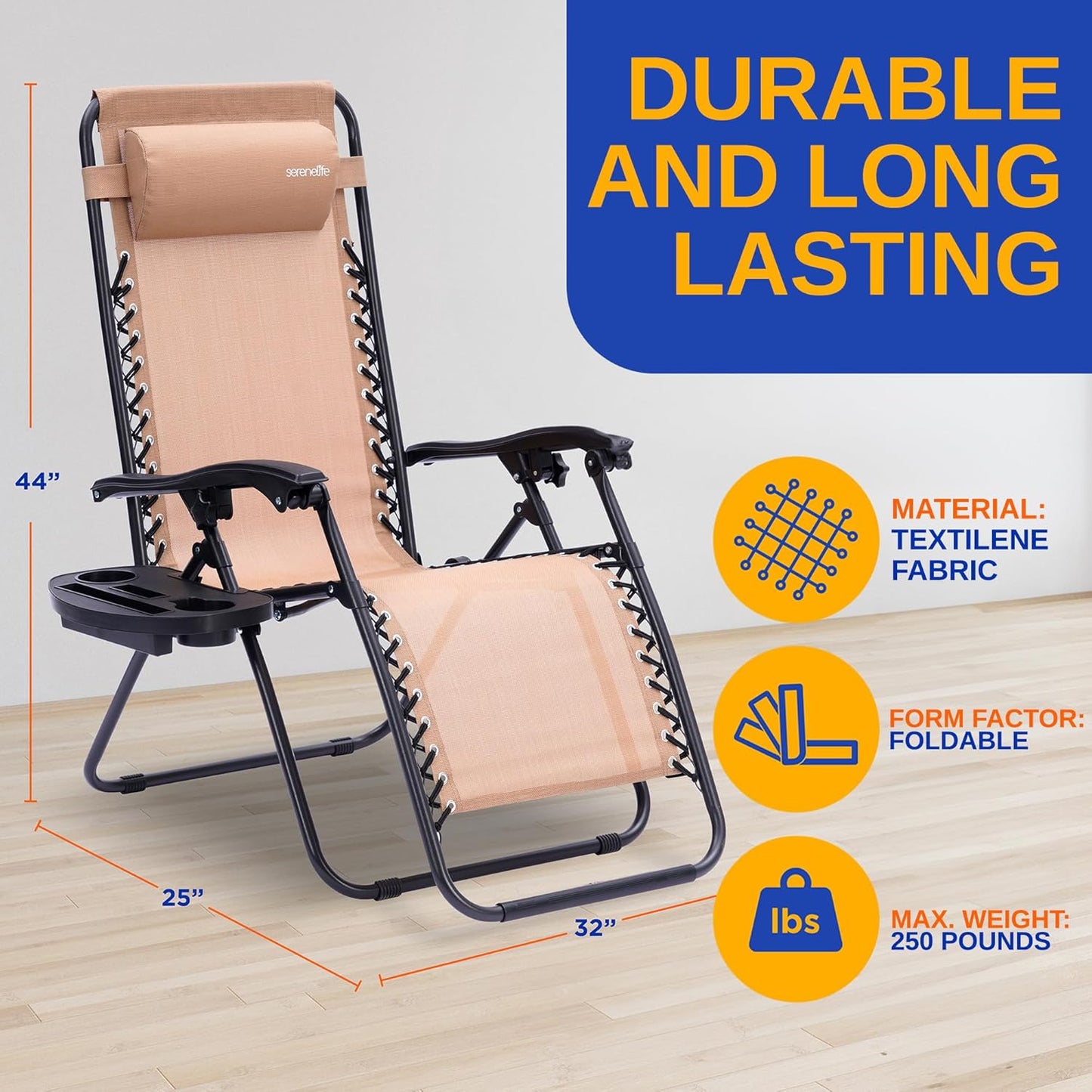 SereneLife Zero Gravity Lounge Chairs 2-Pack - Adjustable Folding Recliners with Cup Holder & Side Table - Cream for Patio, Lawn & Garden