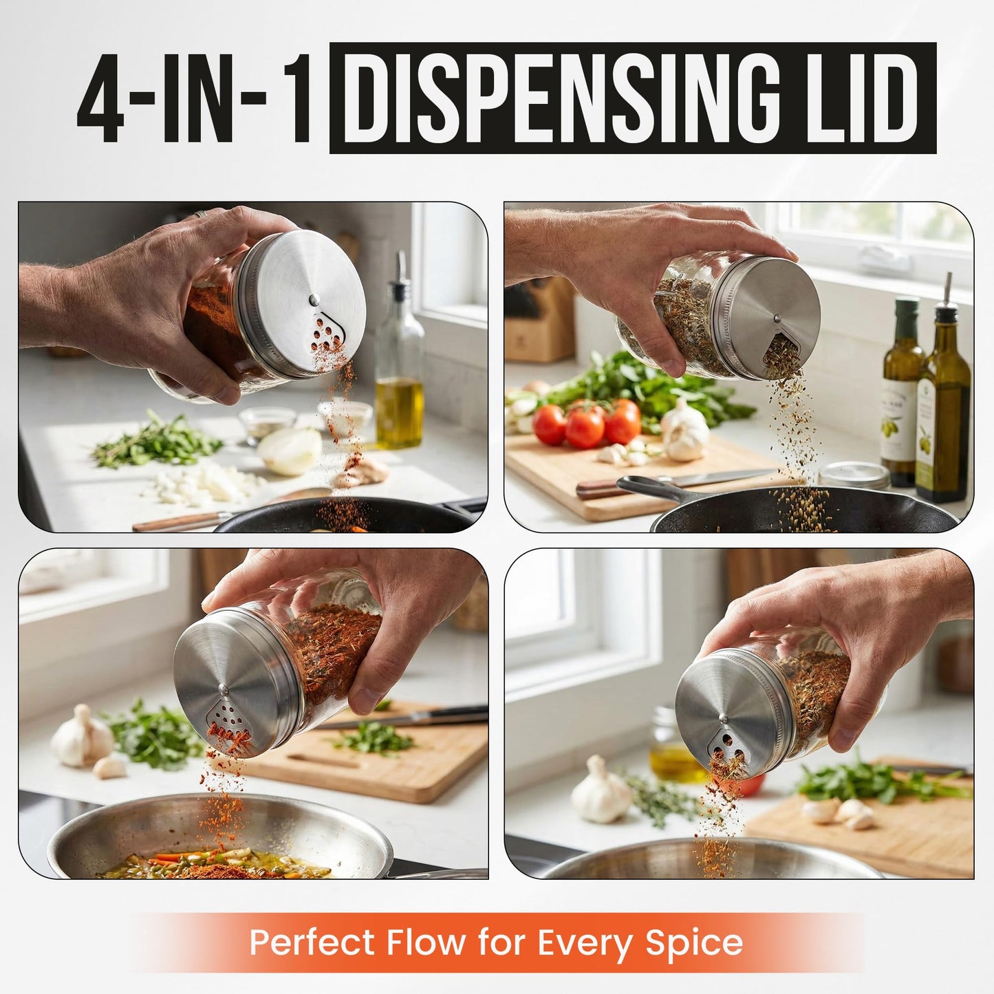 Stainless Steel Adjustable Spice Lid for Mason Jar (Regular Mouth, 4 Pack)