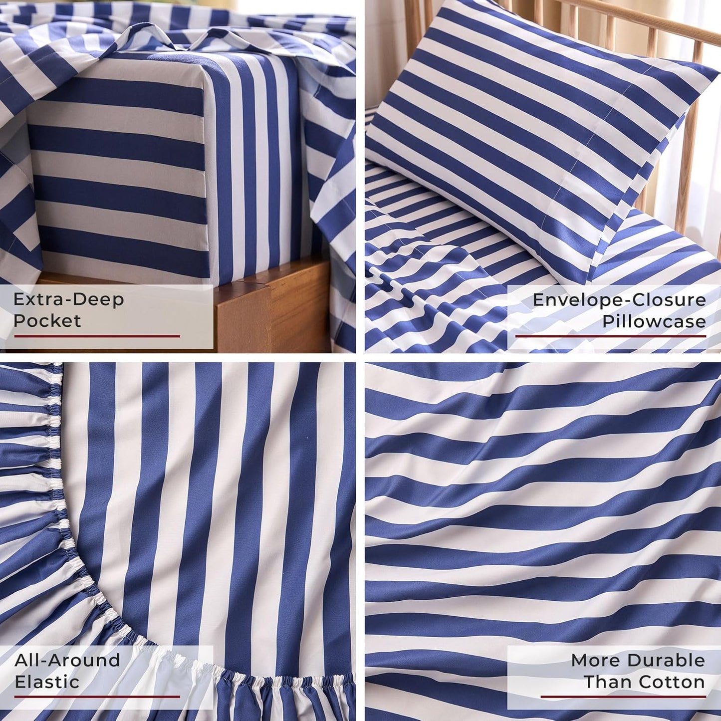 Mellanni Twin XL Sheets Set - 3 PC Hotel Luxury Bedding - Soft, Cooling, Wrinkle-Resistant (Oxford Stripe Blue Nova)