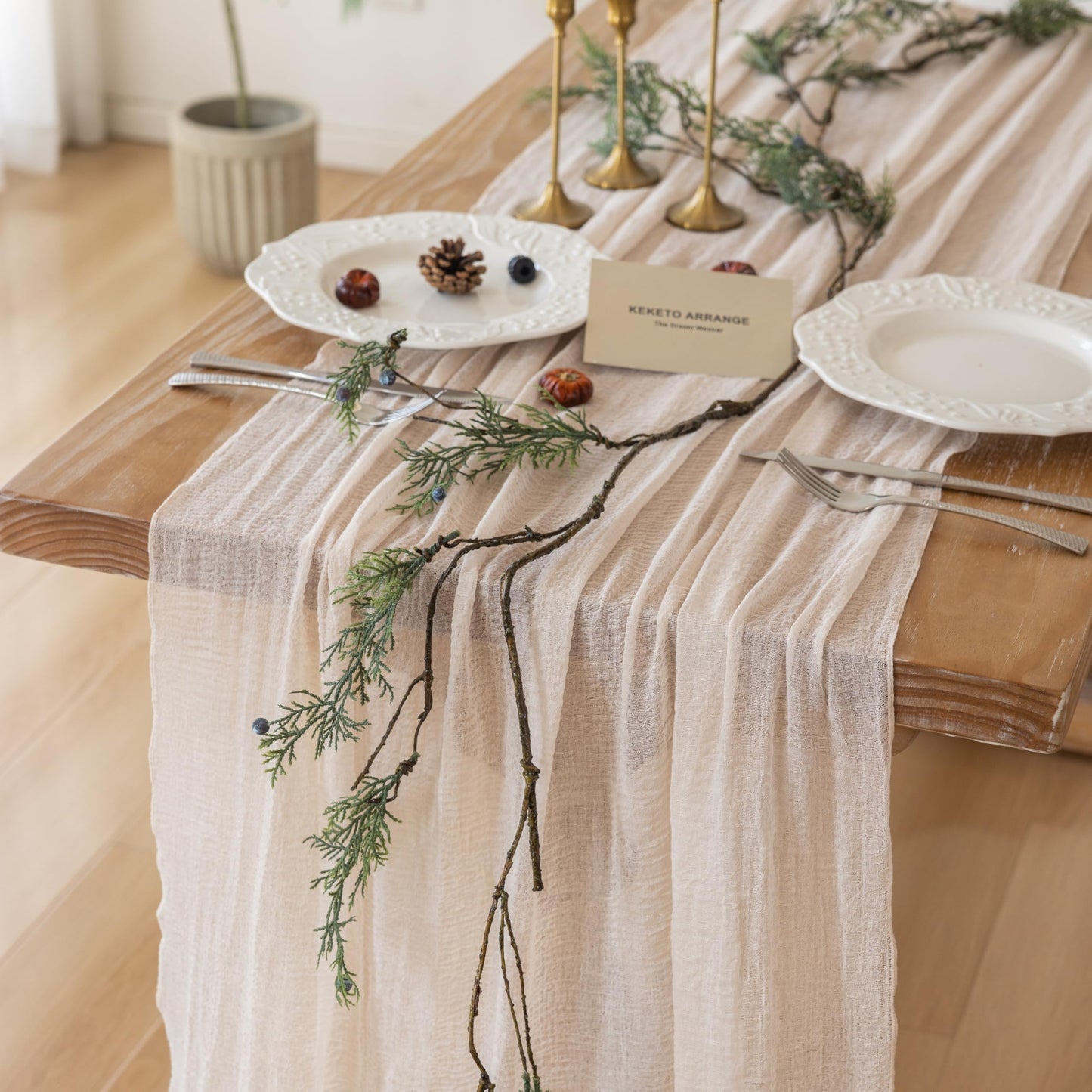 Keketoarrange 3pcs Beige Cheesecloth Table Runner Gauze Rustic 120 Inch 10 FT for Wedding Baby Shower Bridal Shower Birthday Engagement Garden Party Long Sheer Boho Spring Home Decorations