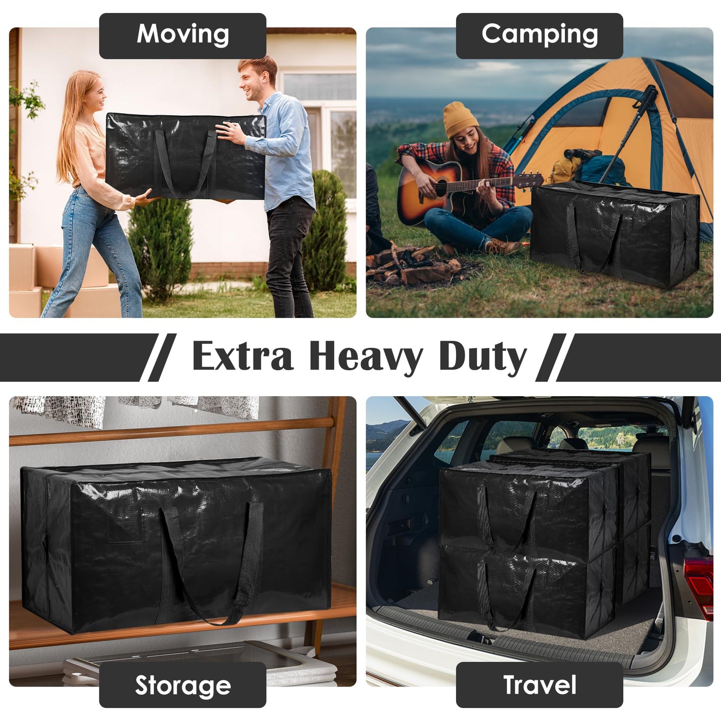 RMOHRO 12 Pack Moving Bags with Full-Open Side Zipper, Extra Large 93L Heavy Duty Waterproof Foldable Storage Totes for College Dorm, Moving & Home Organization Black