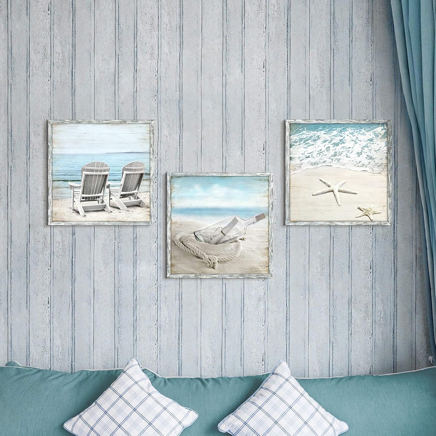 Coastal Pictures Framed Wall Artwork: Seascape Wall Decor Set of 3 Beach Chairs & Drift Bottle Wall Art Starfish Prints on Wood for Bedroom