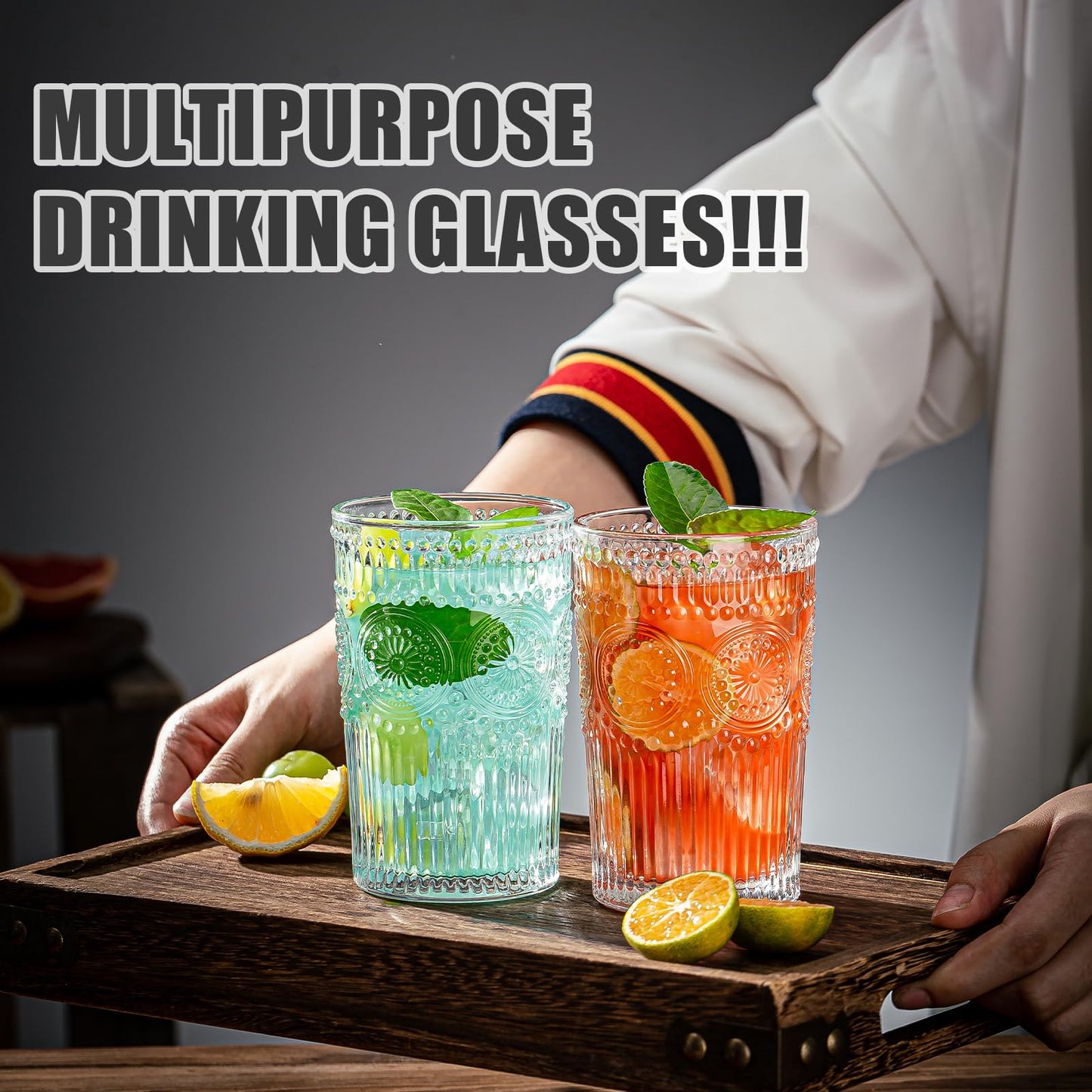 Claplante Vintage Highball Glasses, Set of 8 Glass Drinking Glasses, 13.5 oz Durable Drinkware Cups for Cocktails, Water, Juice, Beer, Wine-Special Edition Glassware Set, Dishware, Dishwasher Safe