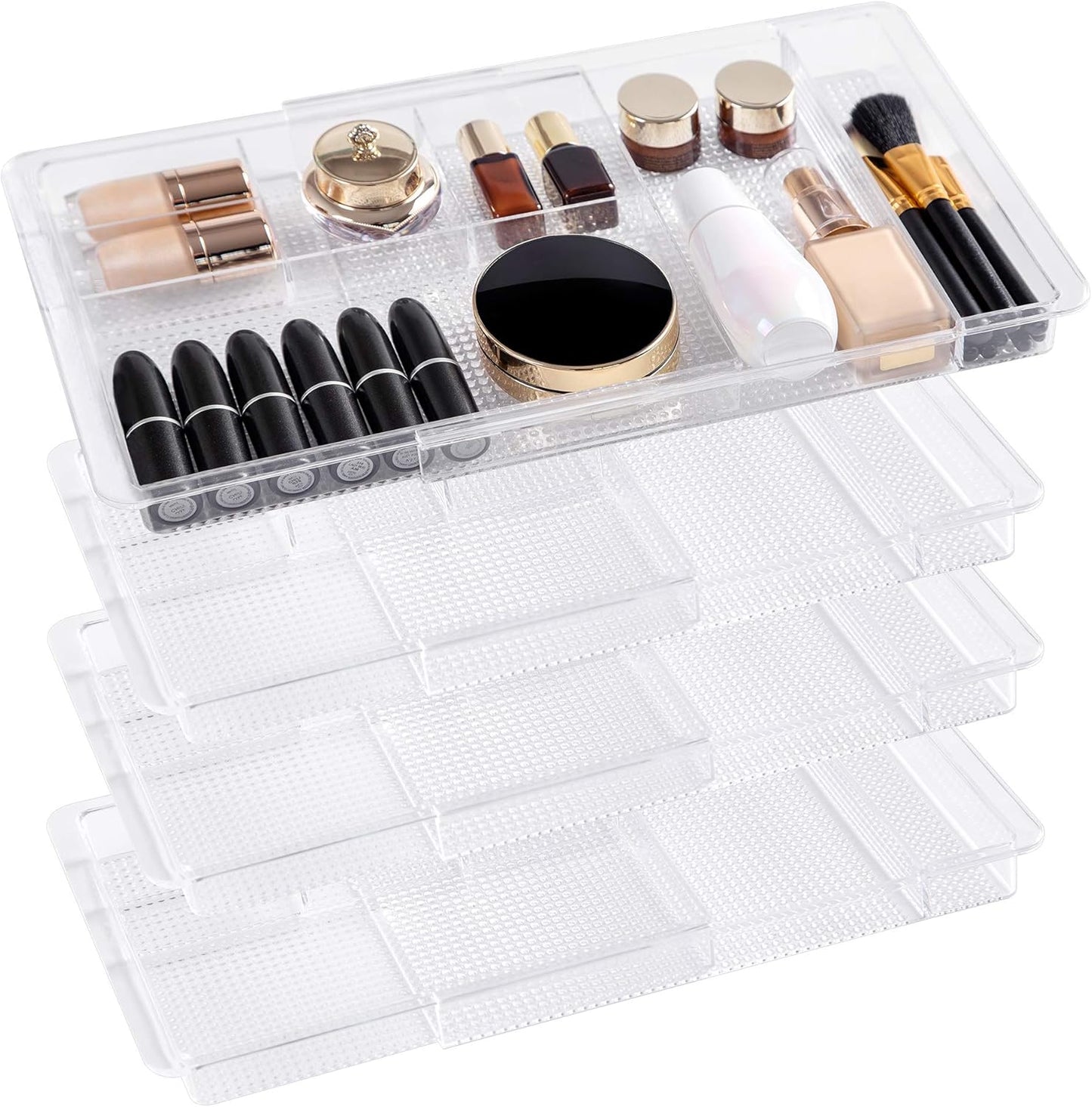 Oubonun Expandable Drawer Organizer - Shallow Cosmetic Storage Trays | 11.1” to 19.2” Width, 4 Pack, Clear
