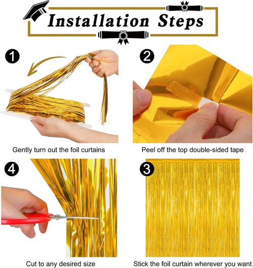 Gold Graduation Decorations 2026 - 12 Pack Metallic Backdrop Curtains | 3.28 FT x 7.05 FT Fringe Streamers