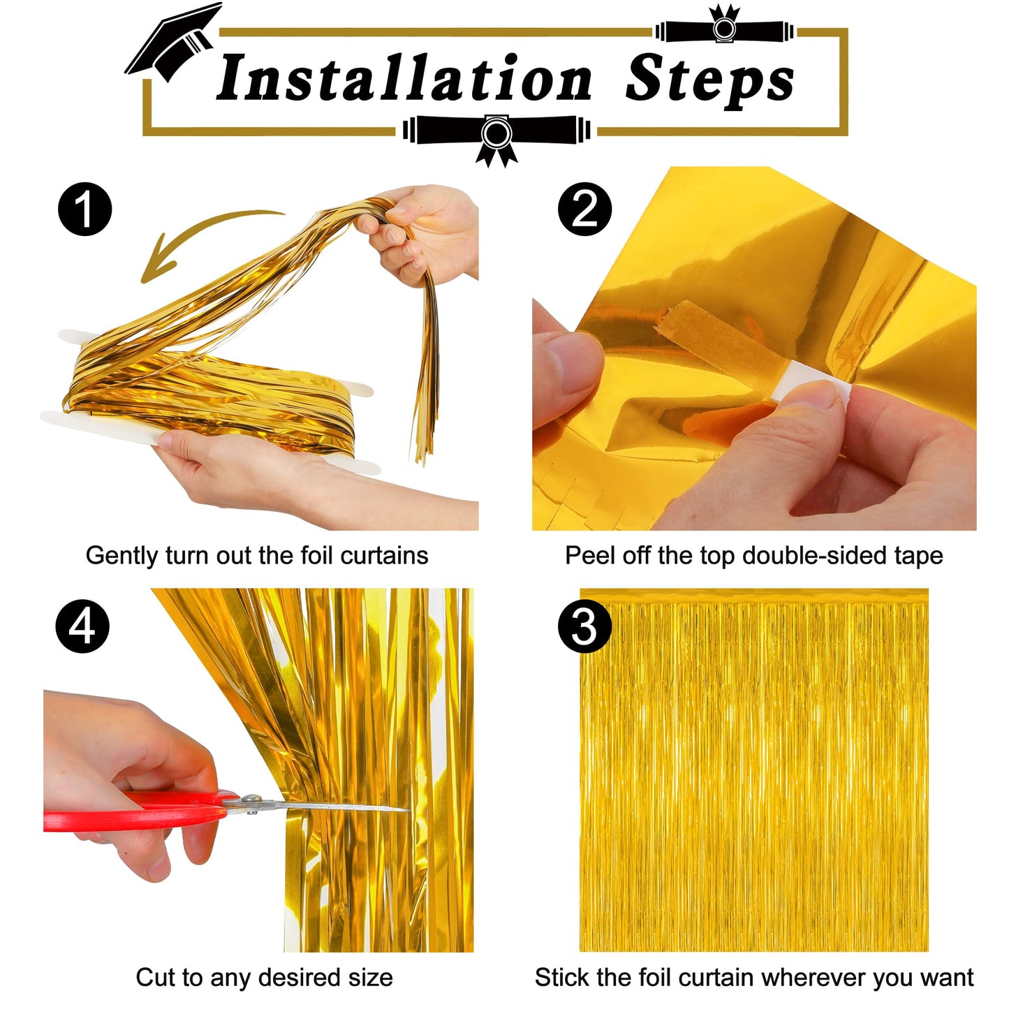 4 Pack 2026 Graduation Party Decorations, 3.28 x 7.05 Feet Gold Grad Curtains, Metallic Gold Backdrop Curtain Class of 2026 Backdrop Party Streamer, Congrad Backdrop Grad Decor 2026