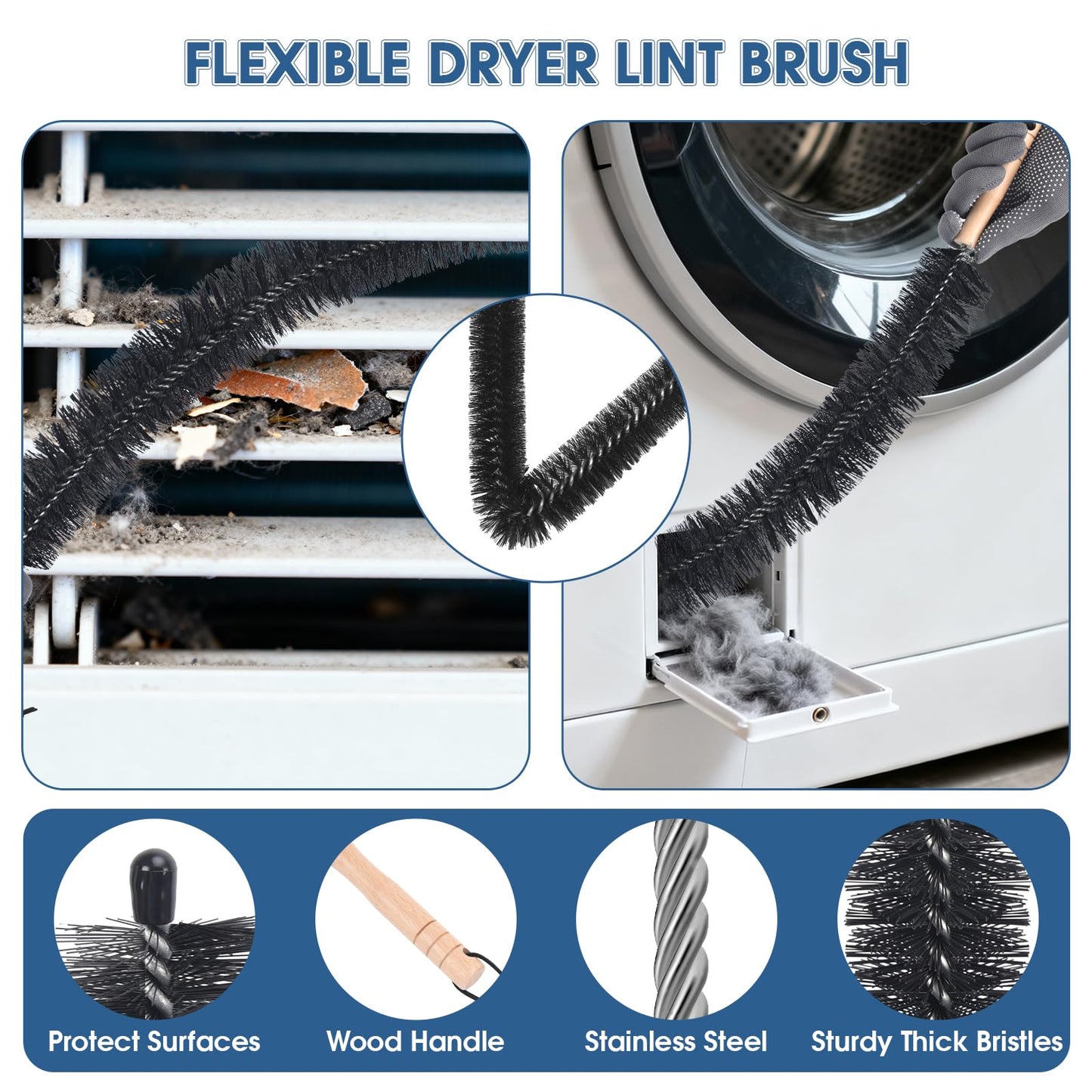 Universal Dryer Vent Cleaner Kit Compatible with Most Vacuum Cleaner Include Vacuum Hose Attachment Accessories Brush Lint Act Brush,Dryer Vent Vacuum Hose with Basic Protective Gloves