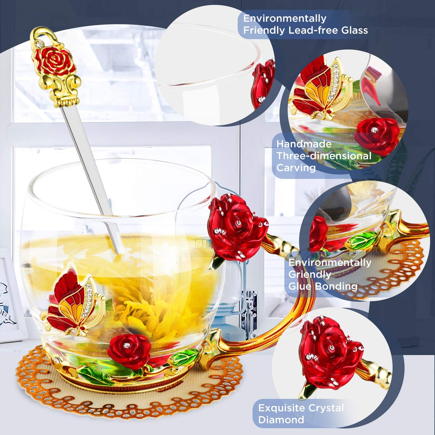 WD&CD Rose Butterfly Glass Tea Coffee Cups Mugs with Spoon and Coaster, Gifts for Her Girlfriend Wife Mum Women on Valentine's Day Mother's Day Christmas, Red Short