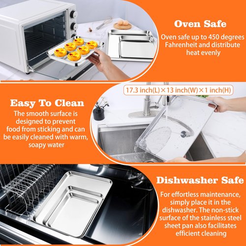 Herogo Stainless Steel Baking Sheet Pan Set, 17×13×1 Inch Rectangle Cookie Sheet Bakeware Set for Oven, 2 Pack Multipurpose Kitchen Cookware, Non Toxic & Heavy Duty & Easy Clean-Extra Large
