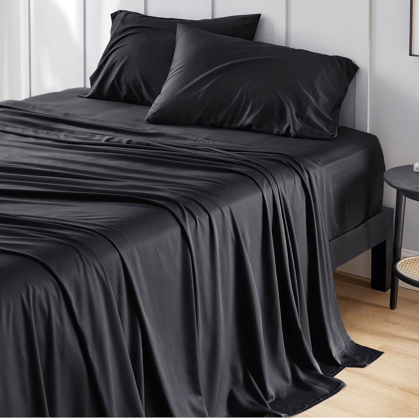 PureWoven King Size Sheet Set - Cooling Bamboo Sheets, Deep Pocket Up to 16", Soft & Breathable Luxury Bedding in Black