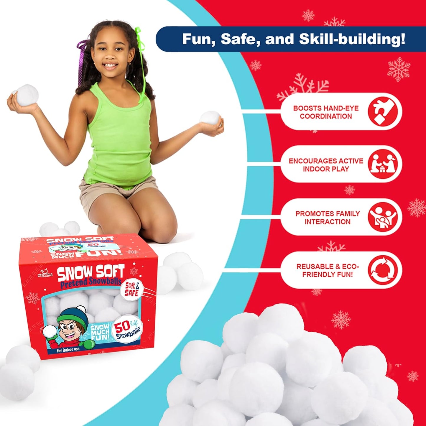 Narwhal Novelties 50 Pack Fun Fake Snowballs - 2-Inch Artificial Snowballs for Indoor/Outdoor Play & Winter Activities
