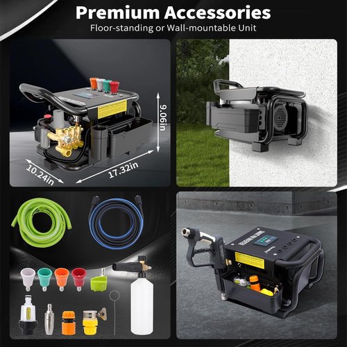 **PM Commercial Electric Pressure Washer - 100 Bar, 2.3 GPM, Quiet 65dB, 7 Nozzles for Cars & Driveways**