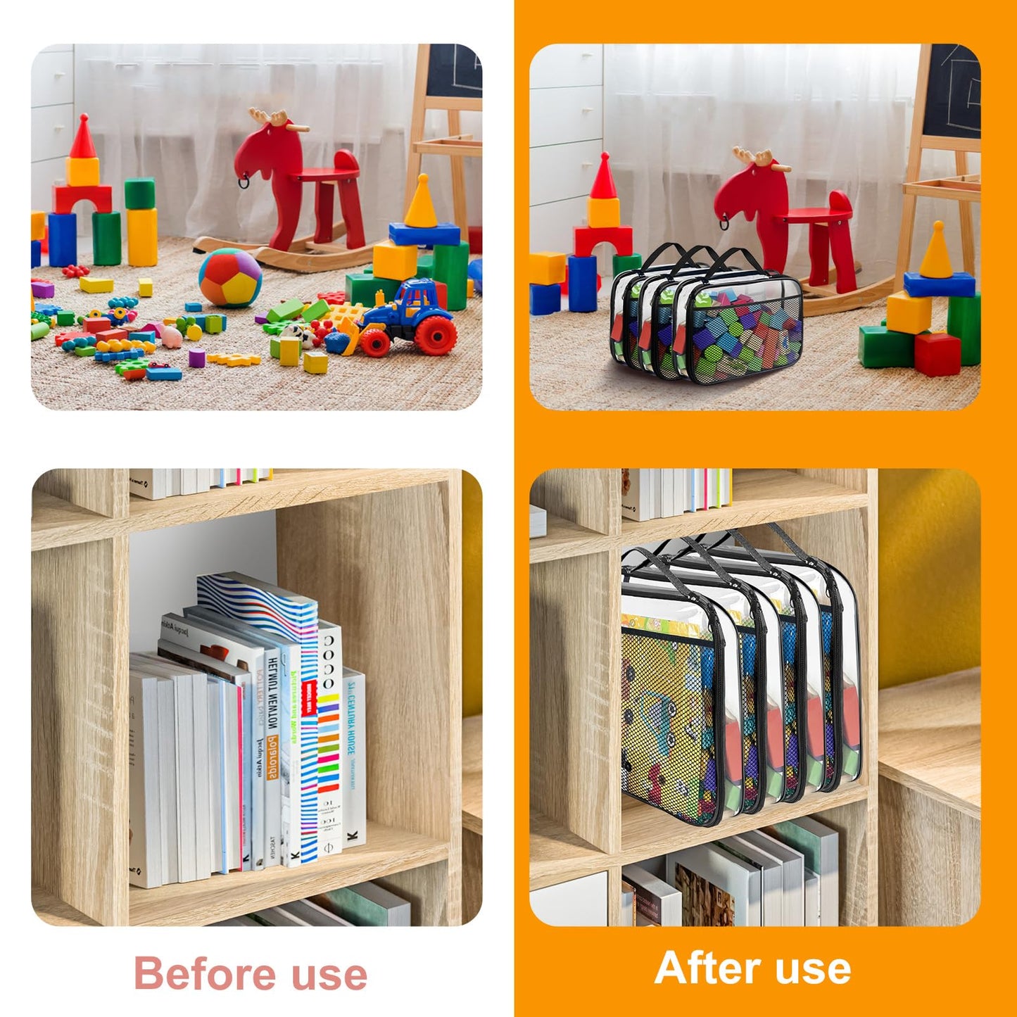 4 Pack PVC Toy Zippered Blocks, 11.8"X3" X9" Travel Storage Case Bags for Organizing, Waterproof Toy Storage Bags with Mesh Pockets for Building Blocks, Puzzles, Clays,Toy Cars