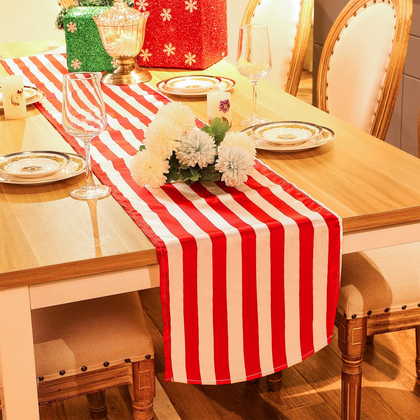 4 Pieces Striped Tablecloth Red and White Striped Table Runner Tablecloth Polyester Spring Elegant Classic Table Decor for Daily Events Family Banquet Parties Celebrations Outdoor(12 x 72 Inch)