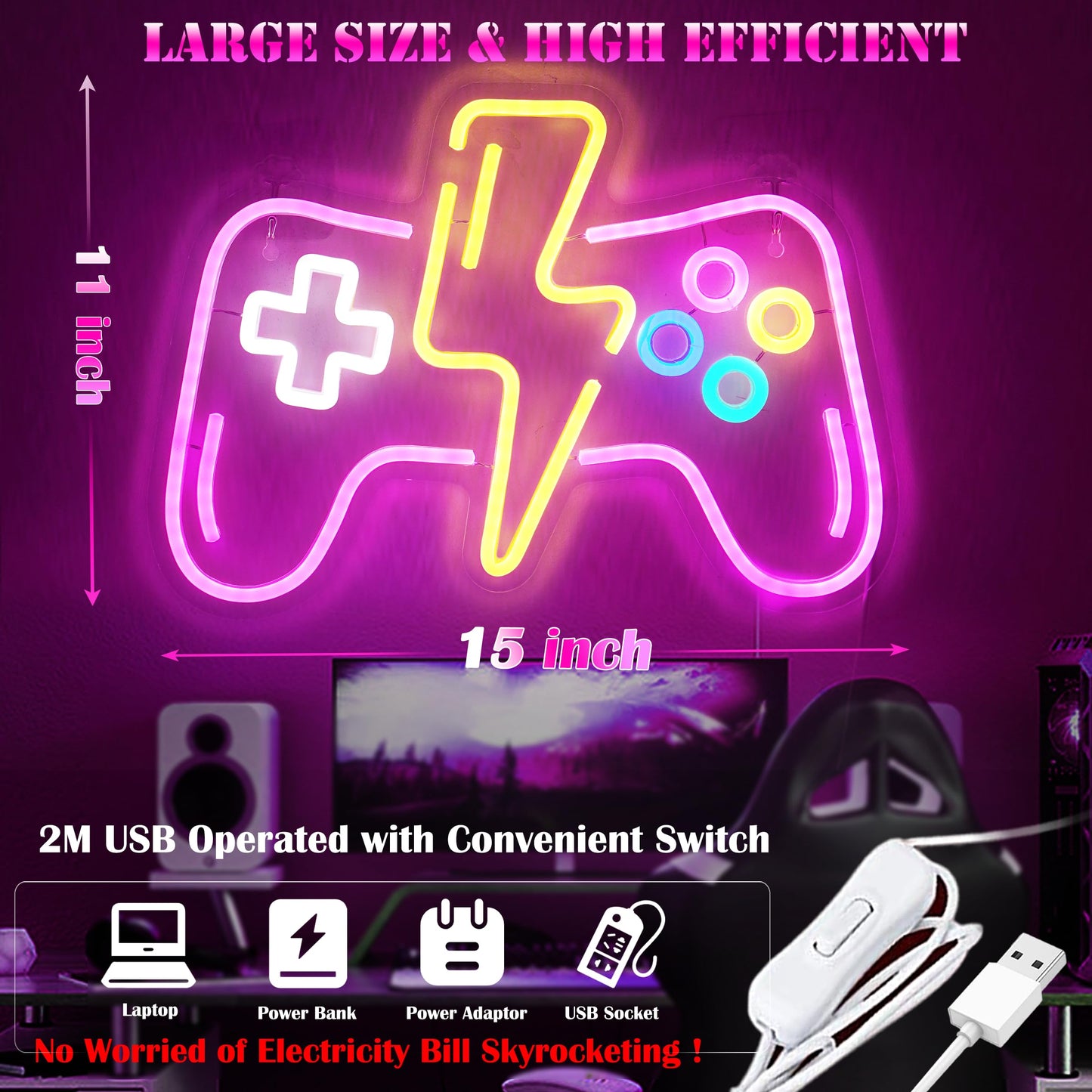Pink LED Game Neon Sign Light for Gamer Room Decor USB Powered with Switch Gaming Accessories Acrylic Gamepad Neon Sign for Video Game Room Teen Girls Bedroom Wall Decor Gift Ideas for Gamer