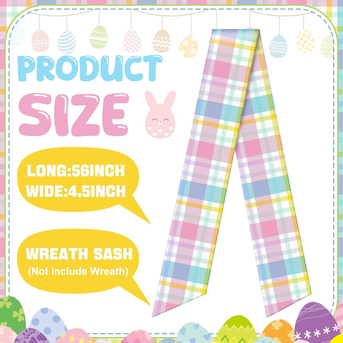 VitalCozy Easter Plaid Wreath Sash - Satin Ribbon for Monogrammed Decor | Indoor/Outdoor Use