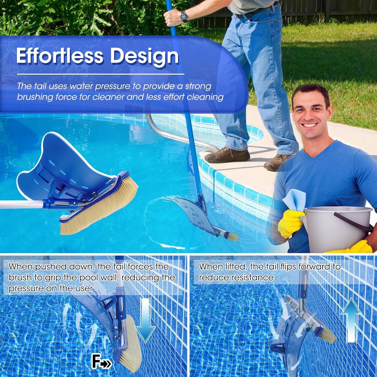 Skiennix Pool Brush - 18" Tough Plastic Bristles for Effective Pool Wall Cleaning | EZ Clips Compatible