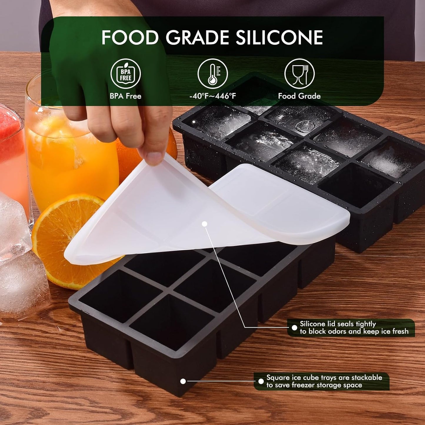 SLGOL Ice Cube Tray - Easy Release Silicone Molds for Whiskey | Stackable 8 Square Ice Cubes