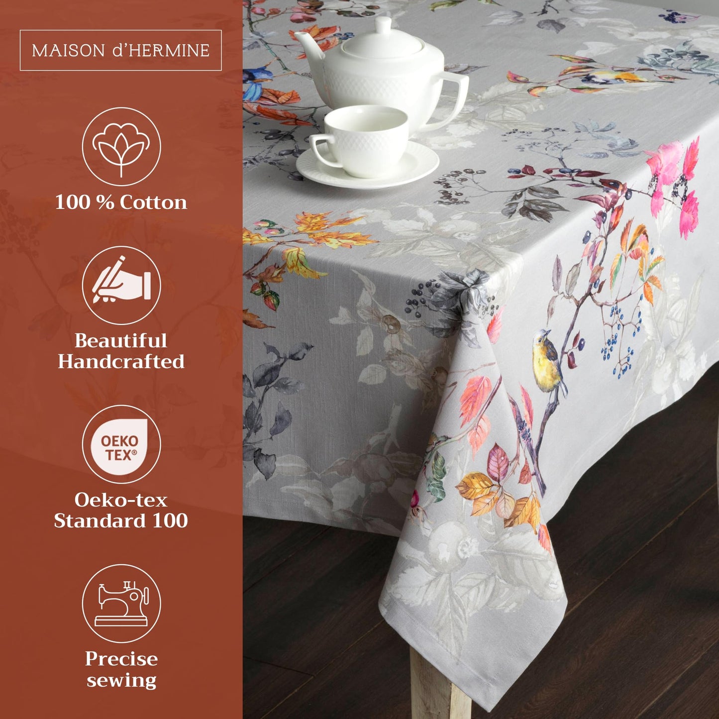 Maison d' Hermine Table Cloth Rectangle Table 100% Cotton 70 x 120 Inches Fall Tablecloth Reusable Everyday Use for Thanksgiving Christmas Decorations Dining Farmhouse Party (Equinoxe - Grey)