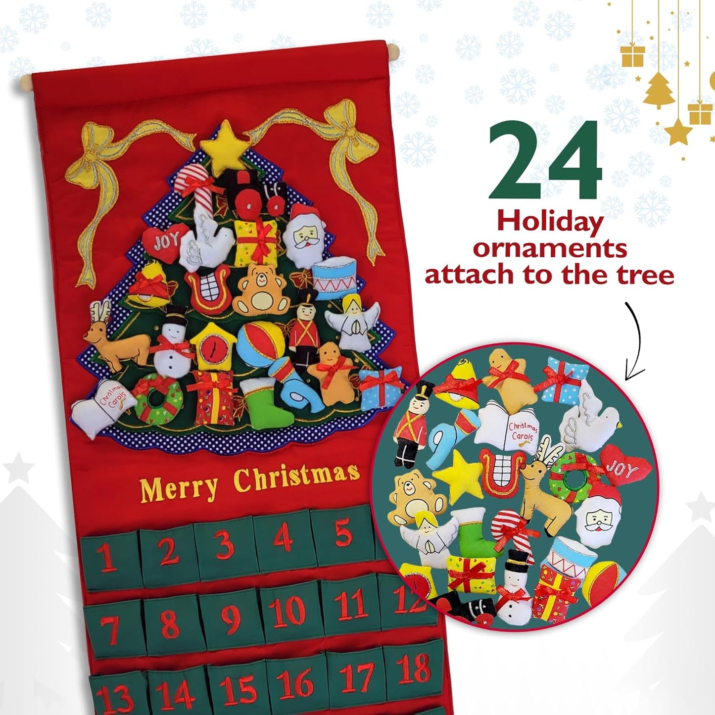 Pockets of Learning Merry Christmas Green Tree Advent Calendar - Festive Fabric Wall Hanging with 24 Stuffed Ornaments