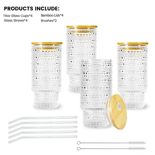 Icesip 4 Pcs 16 oz Glasses Cups with Bamboo Lids Straws Brush Hobnail Glass Tumbler with Straw and Lid for Juice Iced Coffee Soda Cocktail Juice