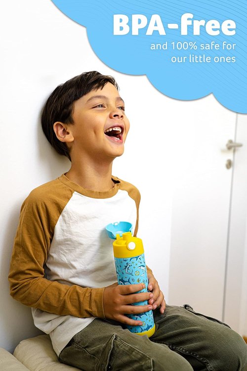 Jarlson® Kids Water Bottle MALI 18oz - Insulated Stainless Steel, Leak-Proof Design for School & Sports - Shark Print