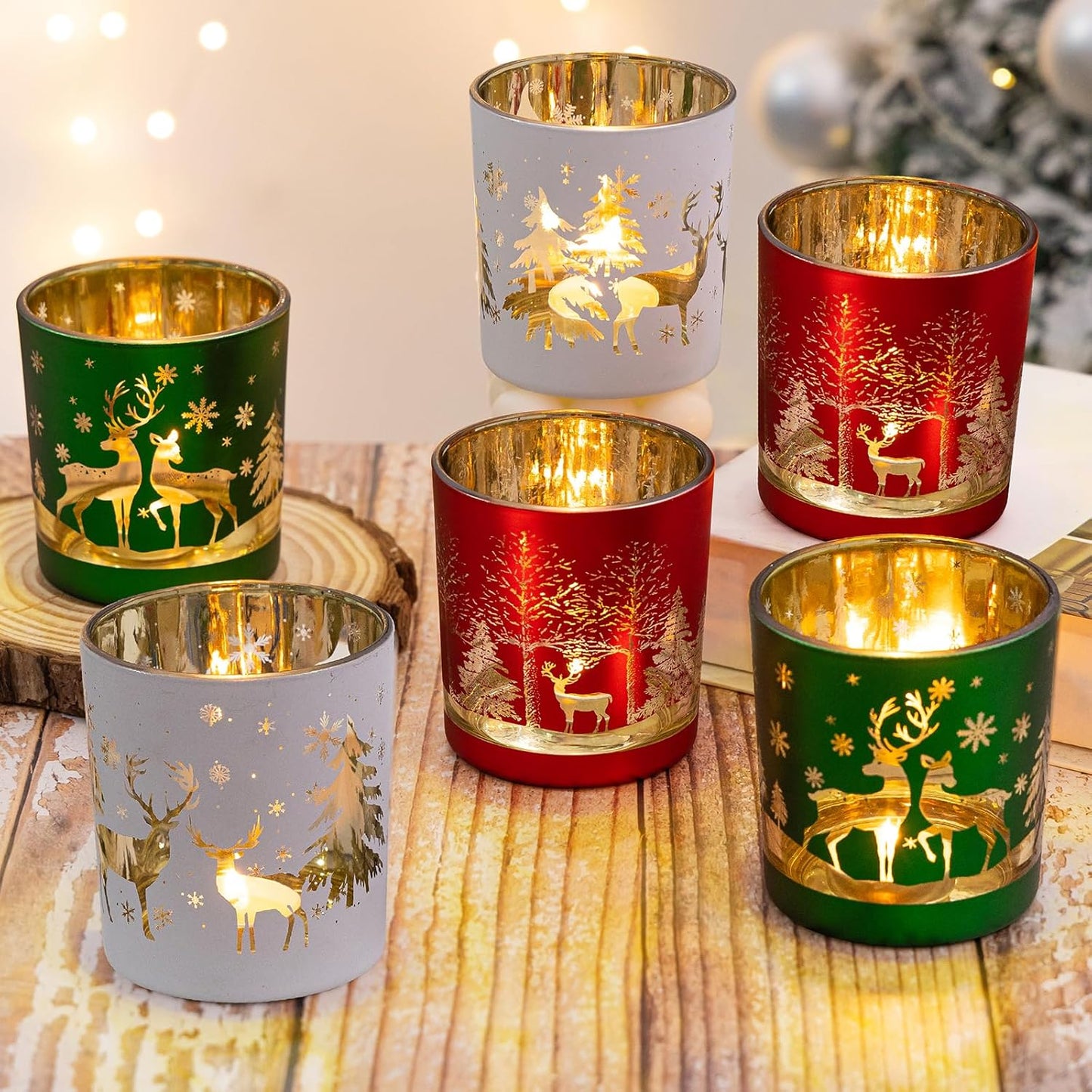 Skiennix Christmas Glass Votive Candle Holders - 6 Pcs Matte Tea Light Holders for Festive Table Décor | 3.15” x 2.75”