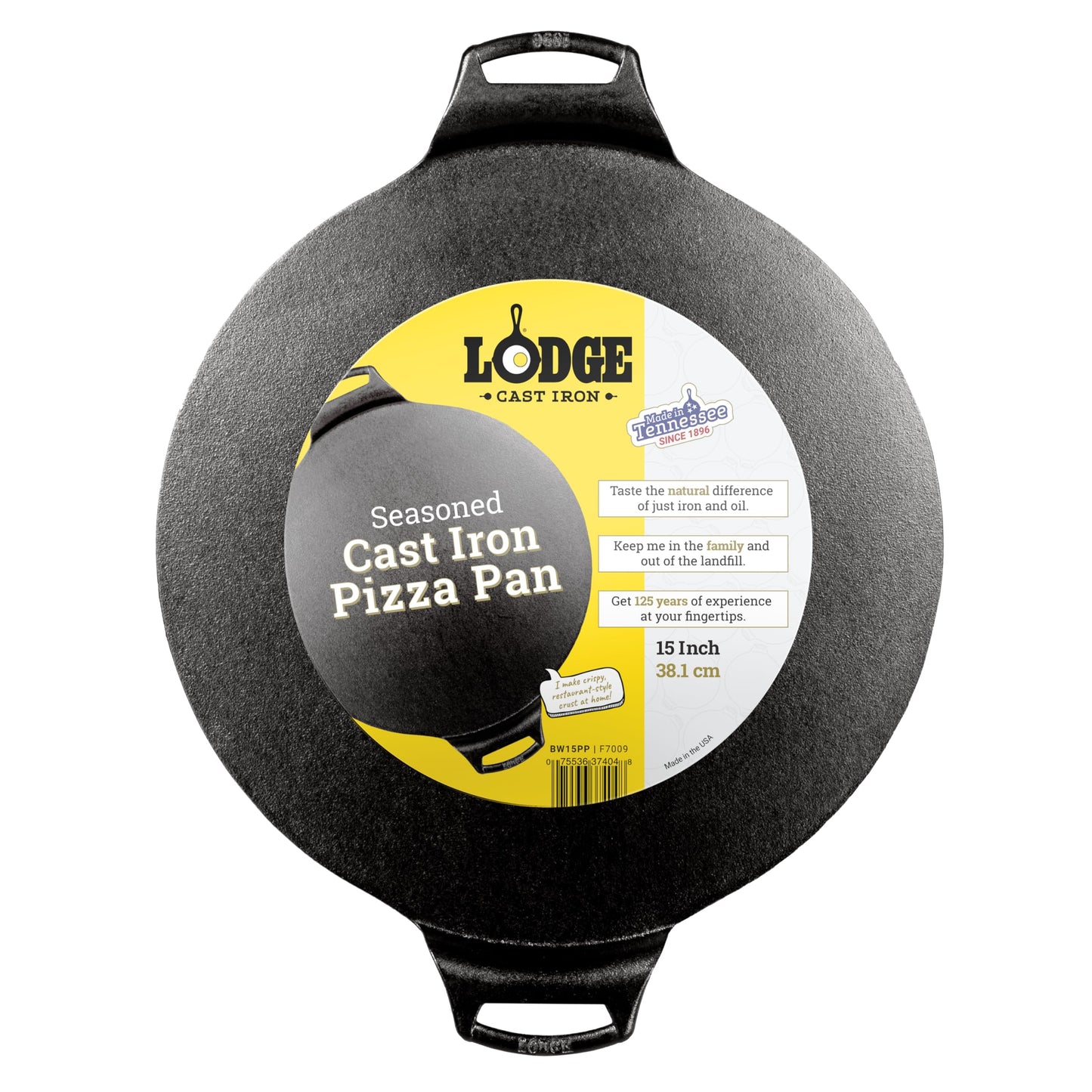 Lodge Seasoned Cast Iron Pizza Pan - Pre-Seasoned, Round Pizza Pan with Dual Assist Handles - Even Heat Distribution- PFAS-Free, Non-Toxic Cookware - Oven Safe - 15 Inch