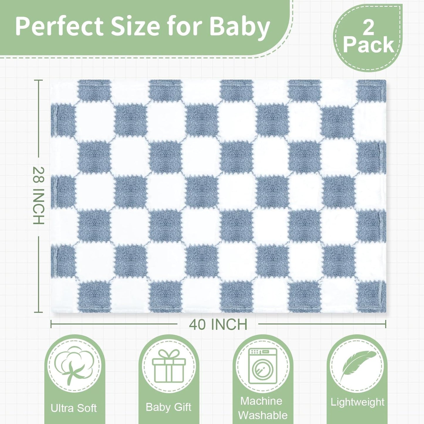 Skiennix Checkered Baby Blanket - Soft Fleece for Boys | 2-Pack, 28 x 40 Inches, Perfect Newborn Gift (Blue)