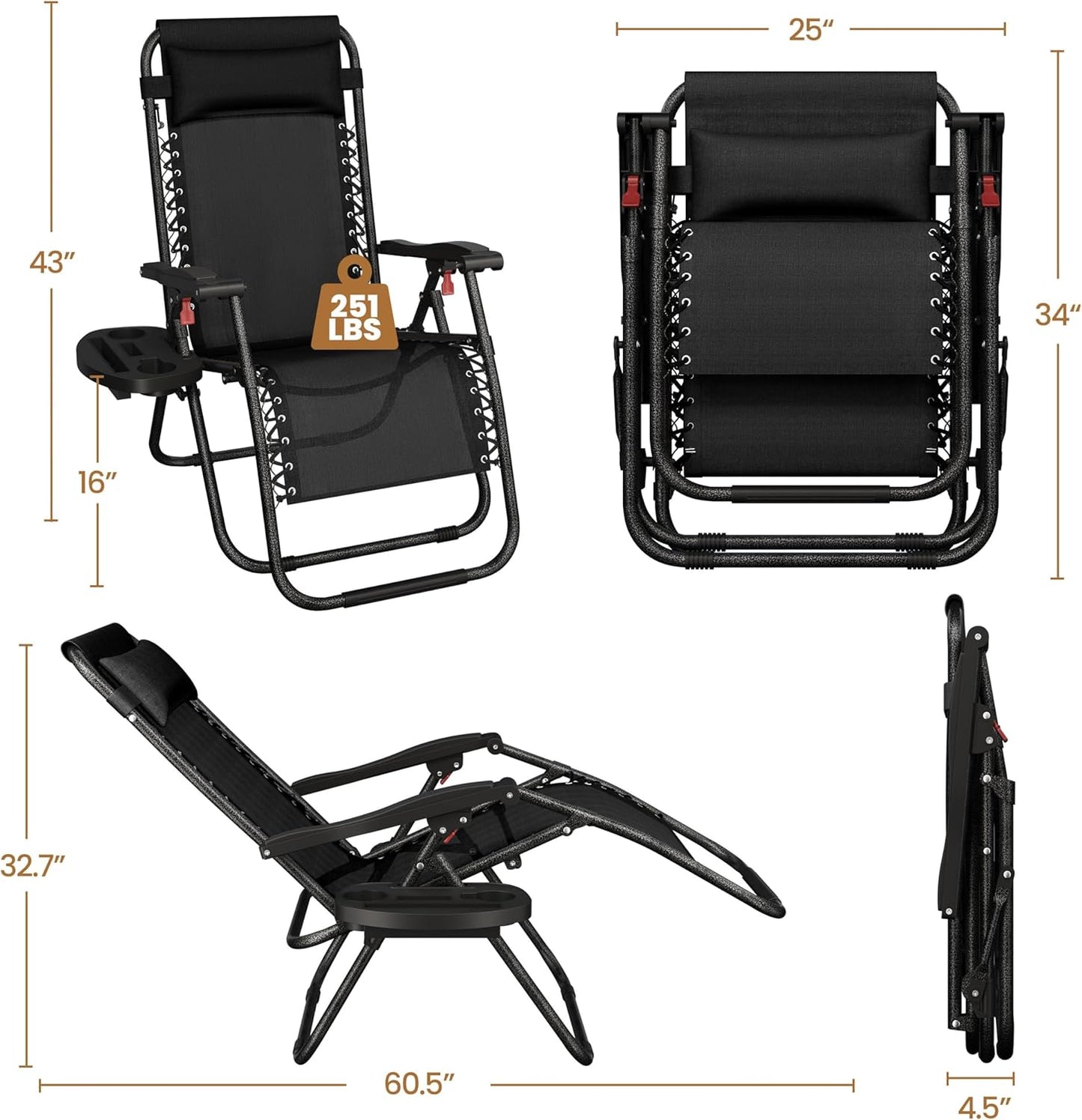 Yaheetech Zero Gravity Recliners - Adjustable Folding Lounge Chairs with Pillows & Cup Holders | Black, Set of 2