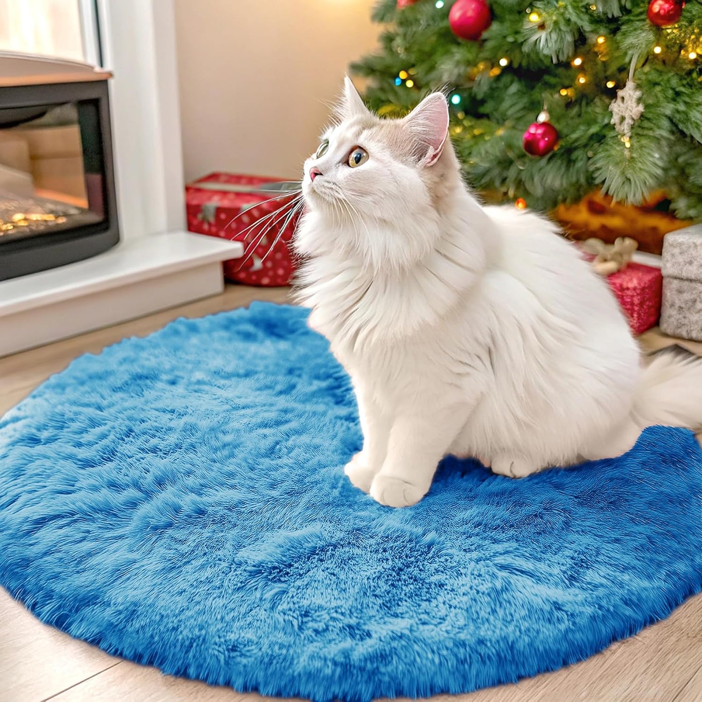 OLANLY Bright Blue Round Rug - Soft, Fluffy Shaggy Carpet | 2 ft Machine Washable Area Rug for Bedroom & Living Room Decor