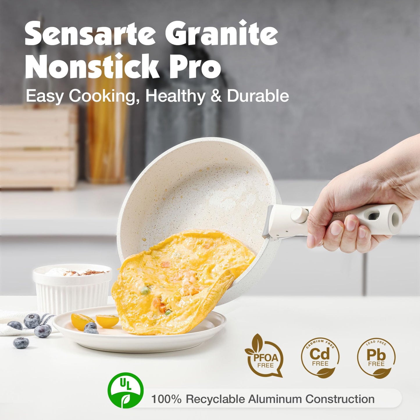 SENSARTE 13 Piece Pots and Pans Set, Nonstick Detachable Handle Cookware, Induction Kitchen Cookware Set with Removable Handle, Healthy Non Stick for RV, Dishwasher ＆ Oven Safe (White)