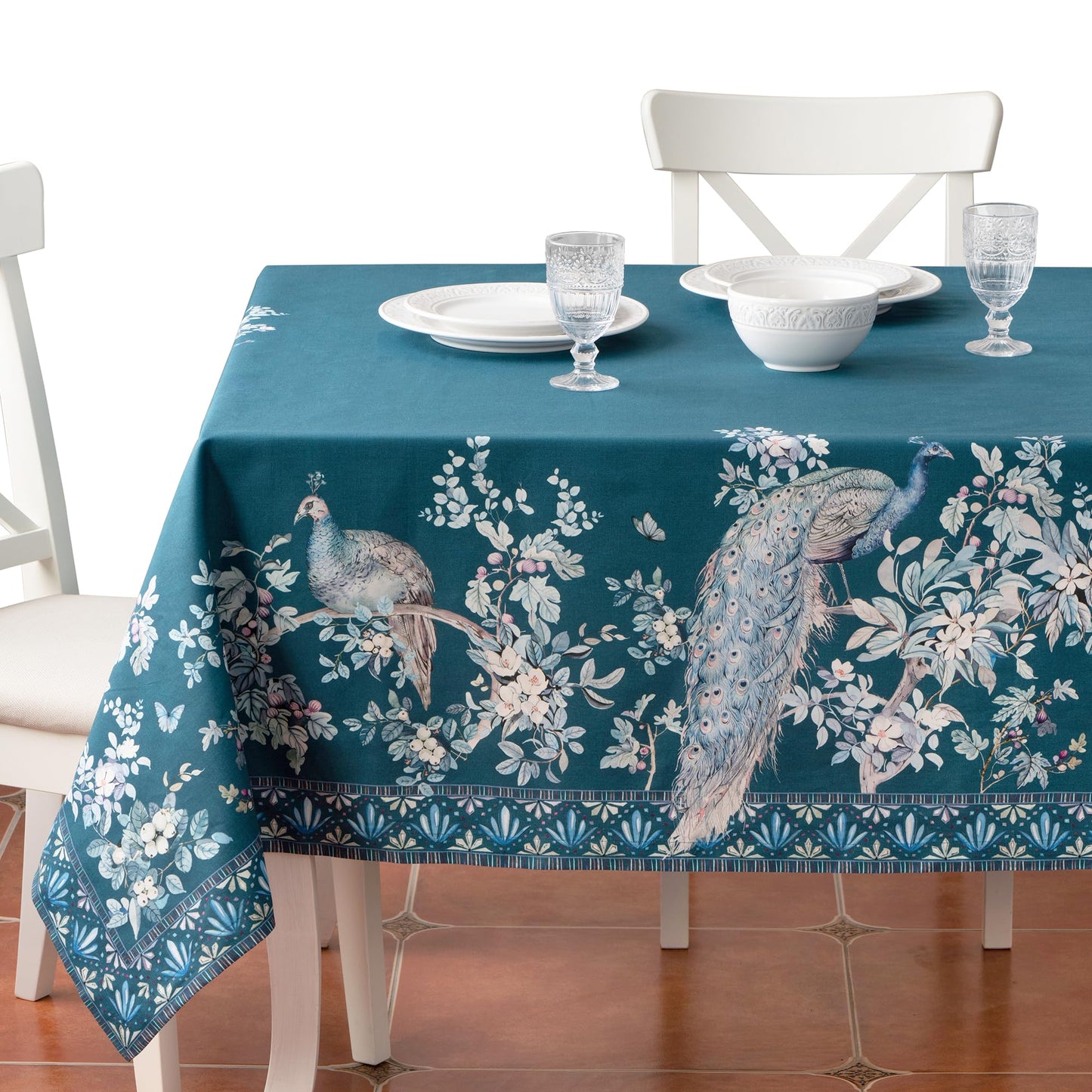 Maison d' Hermine Premium Table Cloth Square Table 100% Combed Cotton 70 x 70 Inches Tablecloth Reusable Decorative for Dining Room, Farmhouse, Party, Festive & Wedding - Peacock Utopia - Deep Sea