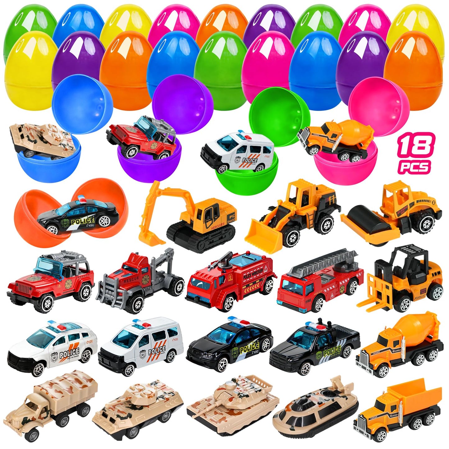 18 Pcs Prefilled Easter Eggs with Alloy Vehicles for Kids Die-Cast City Car Toys Construction Vehicles Easter Basket Stuffers Egg Fillers Egg Hunt Party Favors Classroom Prizes for Boys
