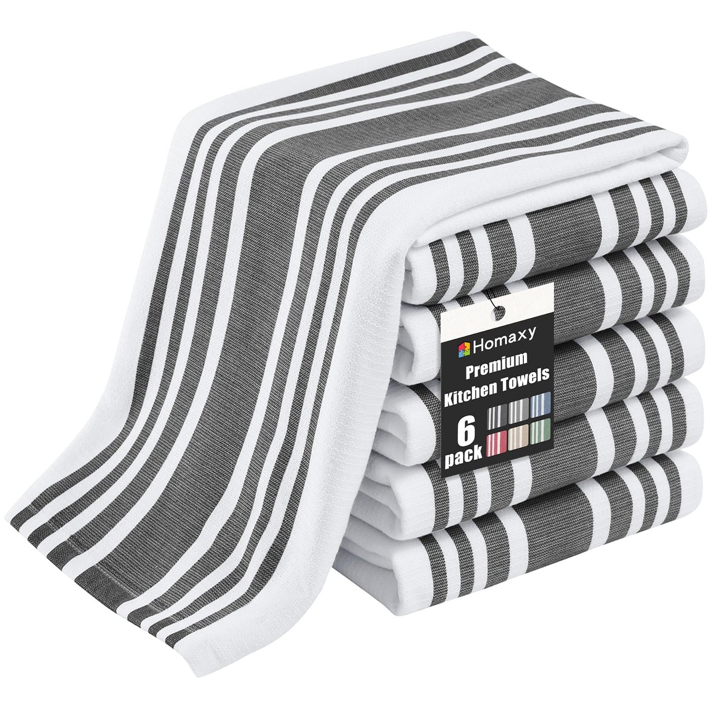 Homaxy Premium Kitchen Towels 18”x 28”, Large Cotton 380 GSM Kitchen Hand Towels, Stripe and Terry Dish Towel, Highly Absorbent Tea Towel Set with Hanging Loop, 6 Pack, Black