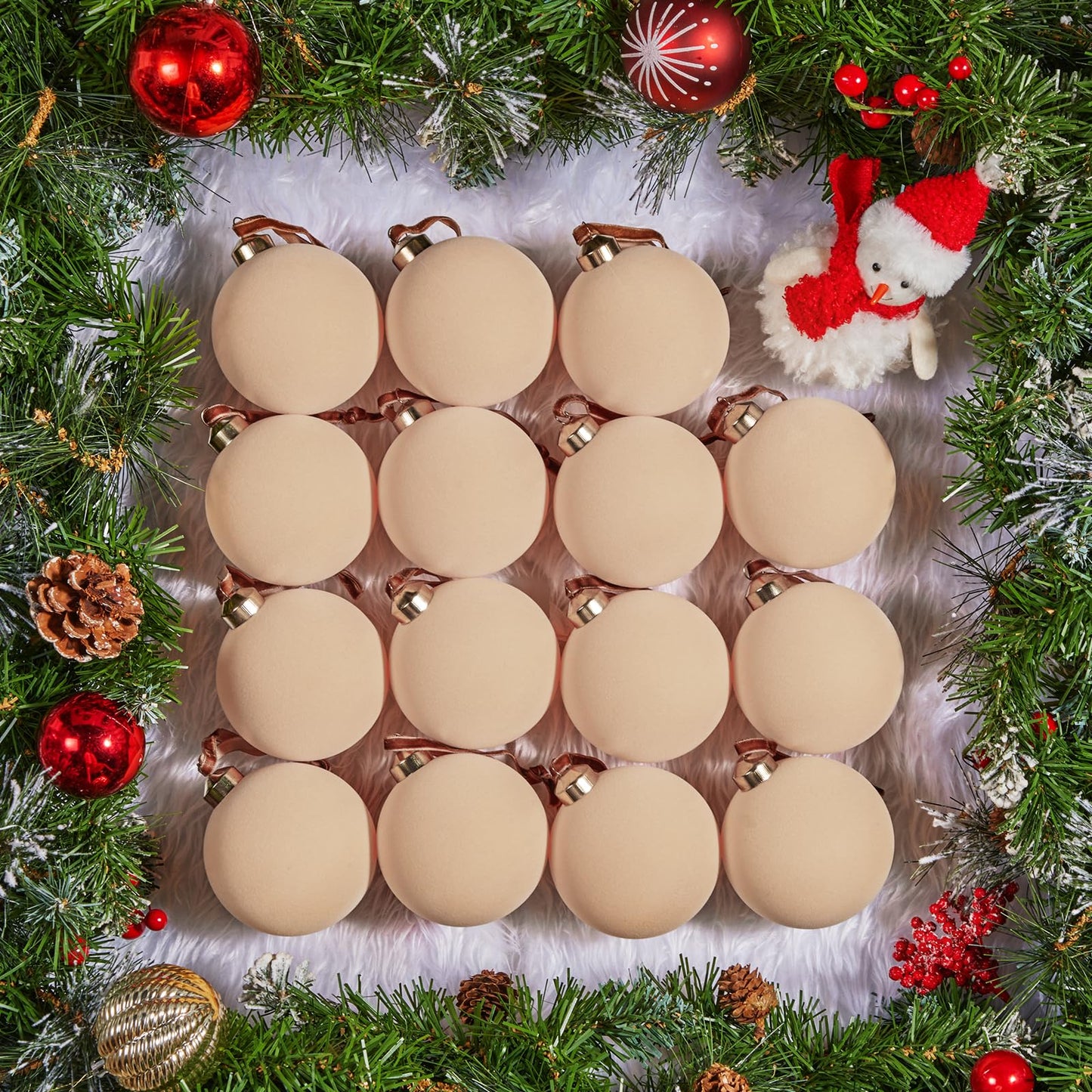 Brightown 15 Pcs Beige Velvet Christmas Balls, 3.15 Inch Velvet Ornaments for Christmas Tree, Christma Tree Flocked Ornaments Balls for Family Holiday Wedding Party Xmas Hanging Decoration