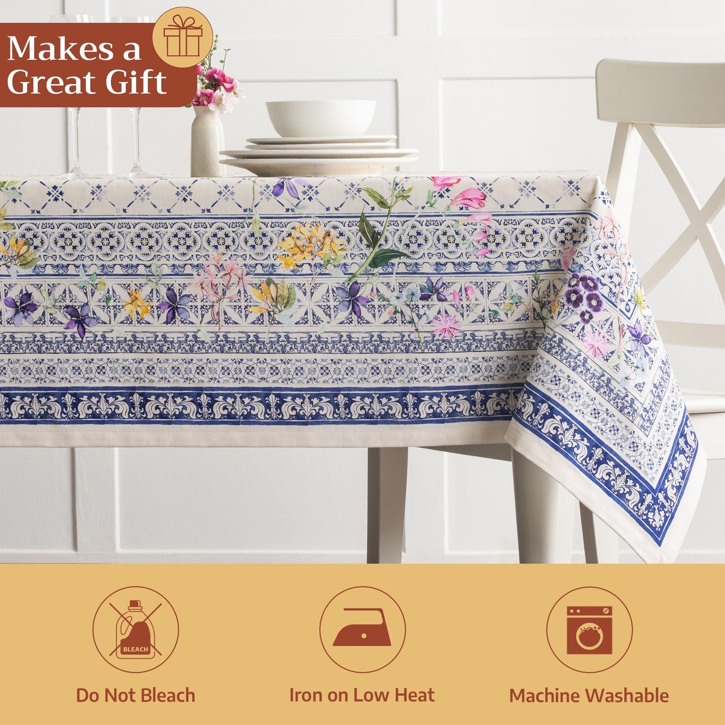 Maison d' Hermine Table Cloth Rectangle Table 100% Cotton 60 x 90 Inches Tablecloth Reusable Decorative for Dining Kitchen Room Farmhouse Home Gifts for Mothers Day Spring Summer - Faience