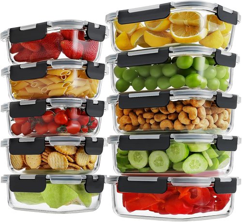 HOMBERKING Borosilicate Glass Meal Prep Containers - Airtight & Leak Proof | 10 Pack Set, 36oz & 14oz