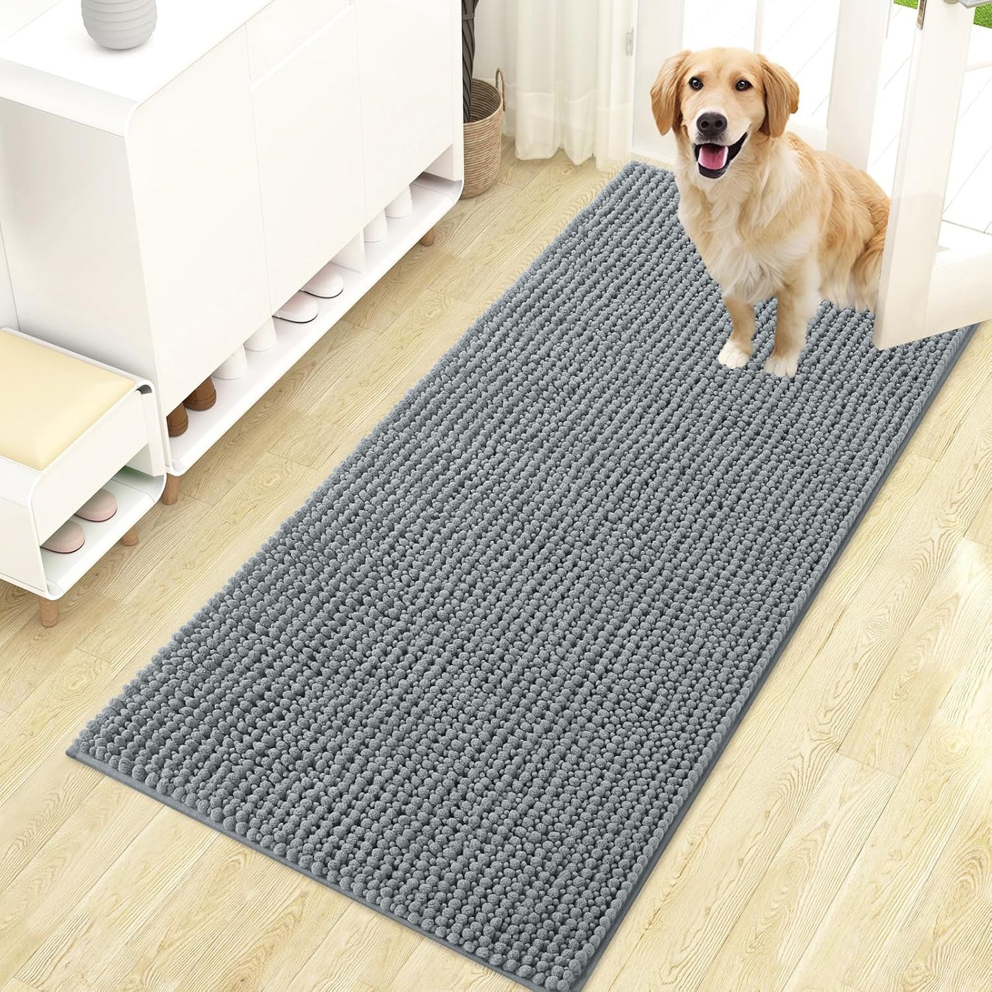 OLANLY Dog Door Mat - Ultra Absorbent Chenille Mud Doormat | Non-Slip & Washable, 47x24, Grey