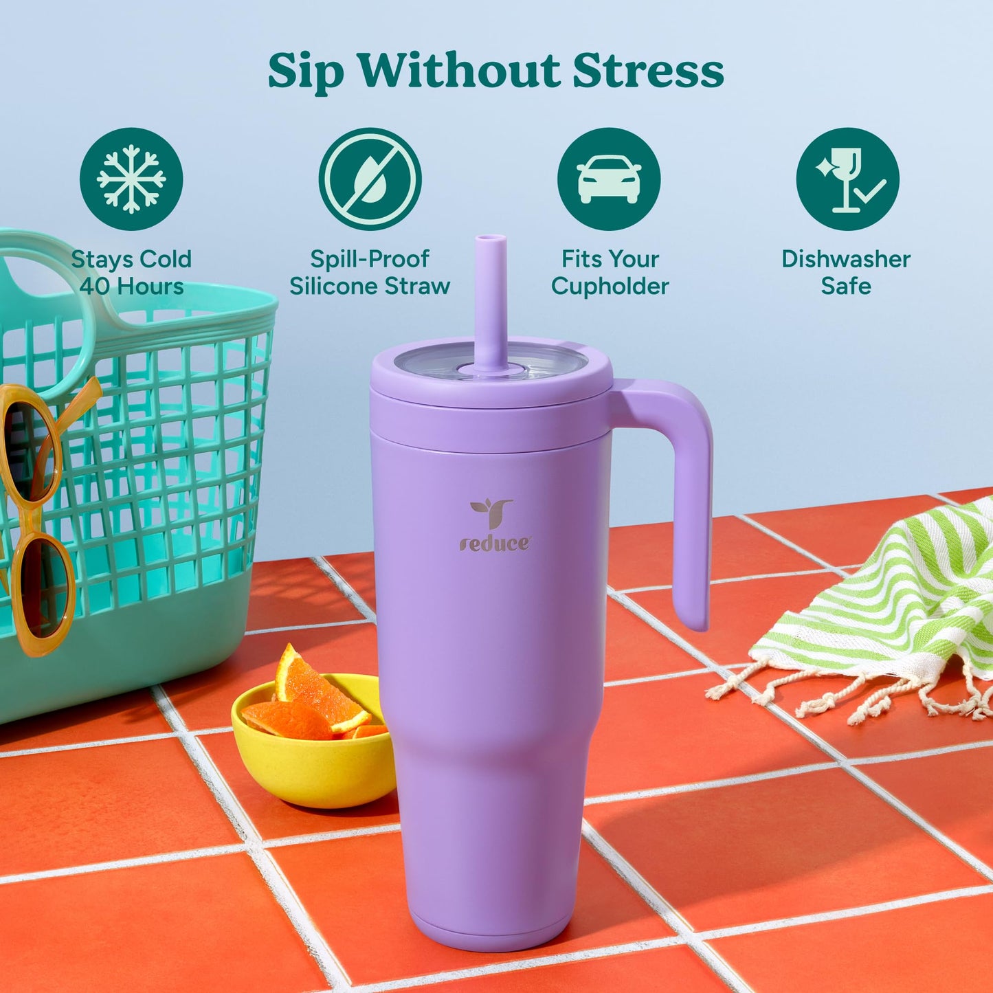 REDUCE Chiller Vacuum Insulated 40 oz Tumbler with Spill-Proof Silicone Straw - Sustainable Tritan Lid with Water Intake Markers - Soft Sit Base Travel Mug - Dishwasher Safe - Purple Punch