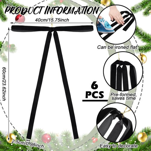 Janinka Black Velvet Ribbon Bows - 6 Pcs Rustic Christmas Tree Decorations | 23.5x15.5 Inch Ornaments