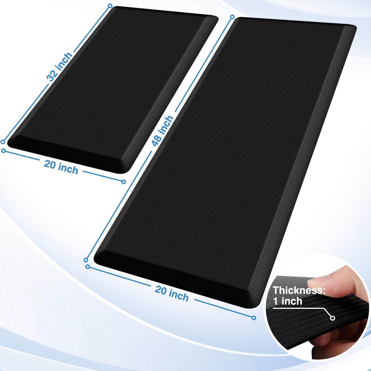 StepRite Kitchen Mats, 2PCS Kitchen Rugs, Cushioned Anti Fatigue Kitchen Mats for Floor, Non-Slip Standing Desk Mat, Waterproof Kitchen Rug Set for Kitchen, 20" x 32"+20" x 48"-Full 1 inch Thick,Black