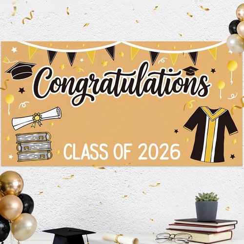 2026 Graduation Decorations | Black and Gold DIY Banner - 61 x 32 Inch Congrats Backdrop