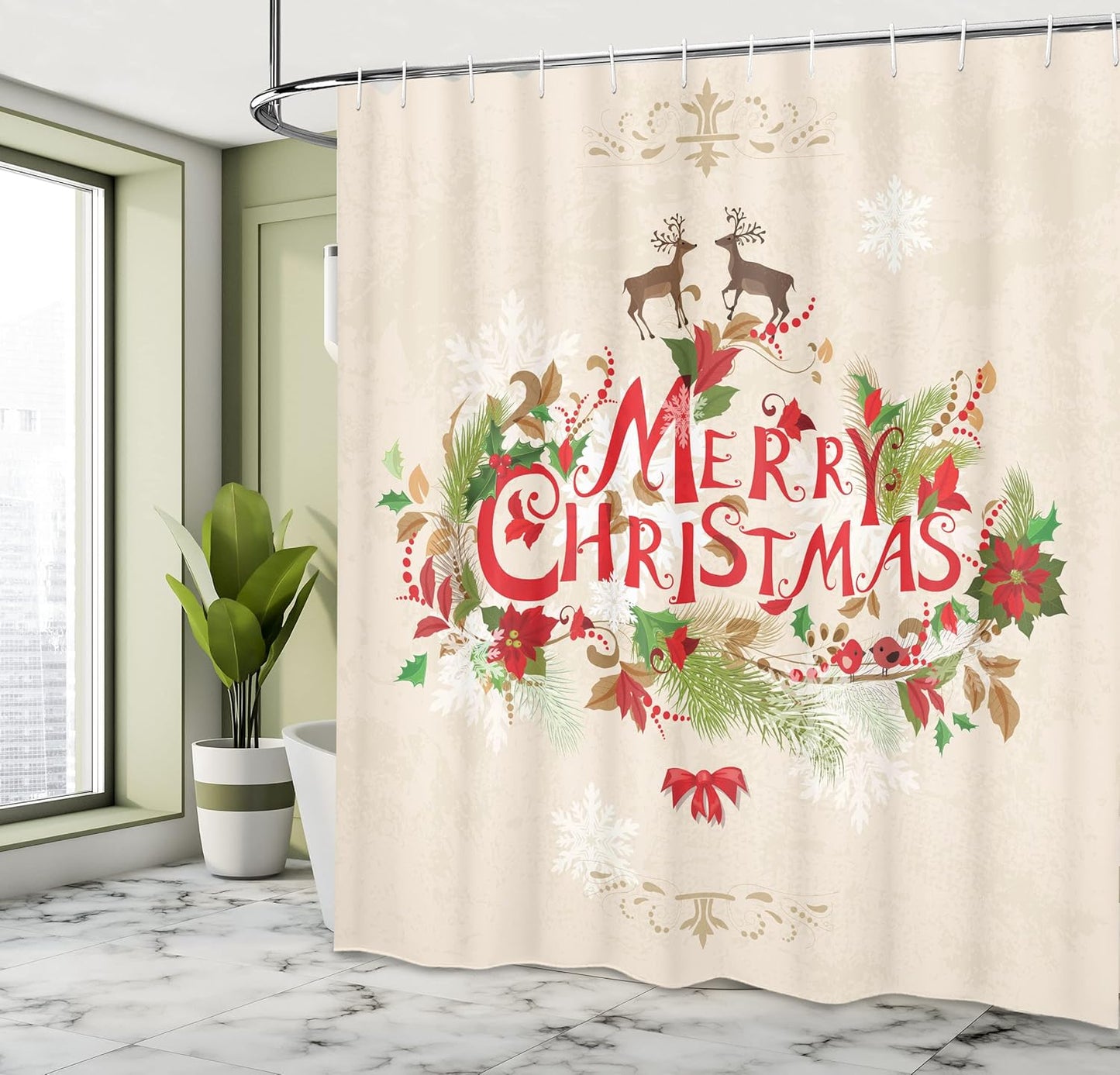 Christmas Shower Curtain - Merry Xmas Fir Tree & Poinsettia Decor, 69x70" Fabric