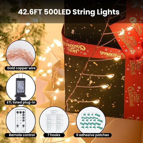 Dailyart Fairy Lights - 500 LED Warm White String Lights with Remote & Timer | 42ft Waterproof Decor